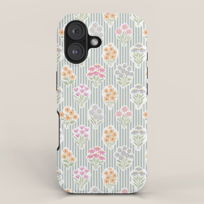 Ditsy Flower Sticker Bouquets on Blue and Cream Pinstripes iPhone Case Gallery Image 1