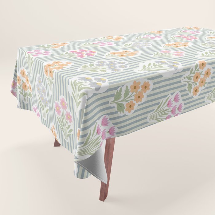 Ditsy Flower Sticker Bouquets on Blue and Cream Pinstripes Tablecloth Gallery Image 1