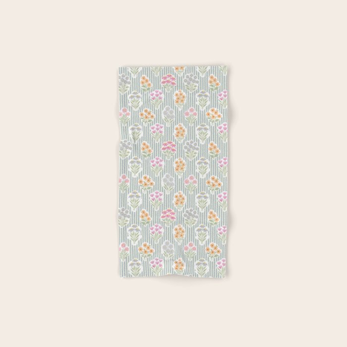 Ditsy Flower Sticker Bouquets on Blue and Cream Pinstripes Bath Towel Gallery Image 1