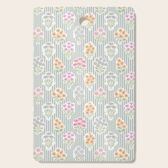 Ditsy Flower Sticker Bouquets on Blue and Cream Pinstripes Cutting Board Gallery Image 1