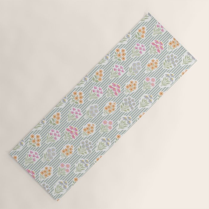 Ditsy Flower Sticker Bouquets on Blue and Cream Pinstripes Yoga Mat Gallery Image 1