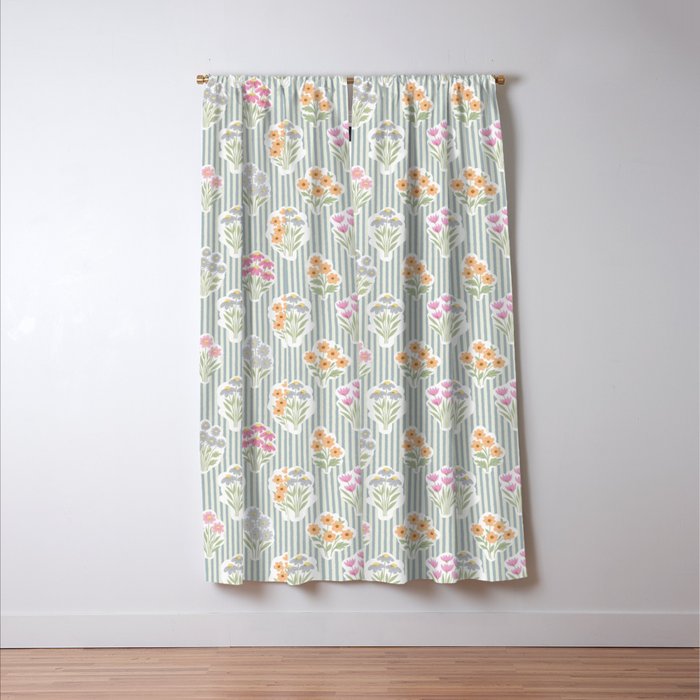 Ditsy Flower Sticker Bouquets on Blue and Cream Pinstripes Window Curtain Gallery Image 3