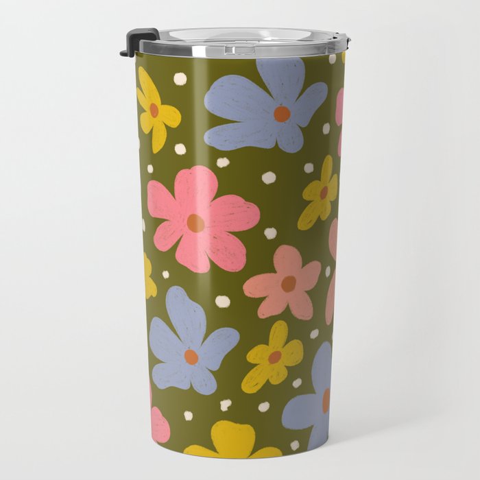 Retro Daisies - dark background  Travel Mug Gallery Image 3