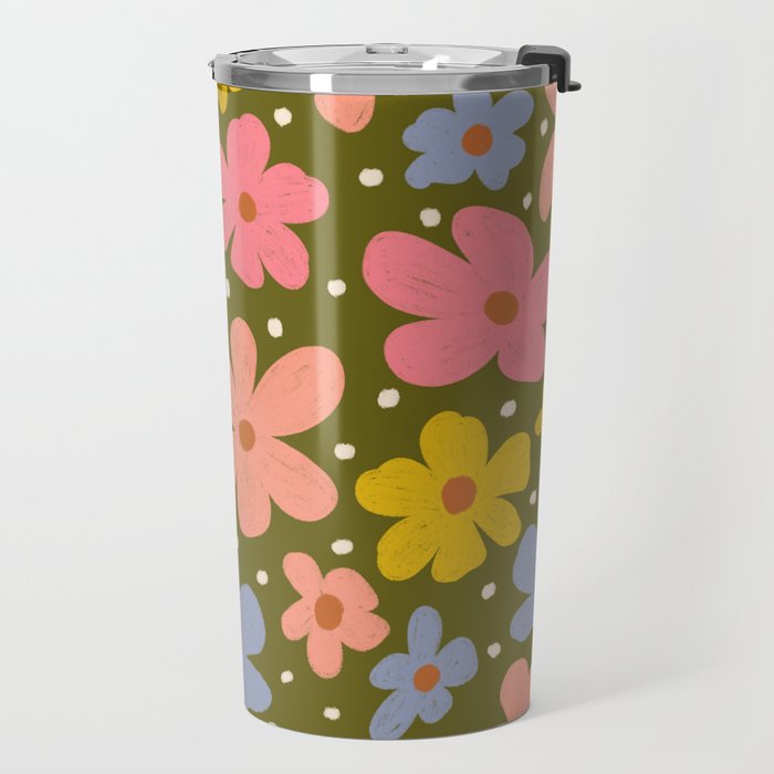 Retro Daisies - dark background  Travel Mug Gallery Image 2