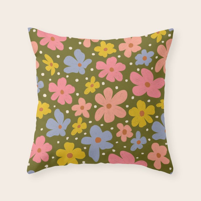 Retro Daisies - dark background  Throw Pillow Gallery Image 6