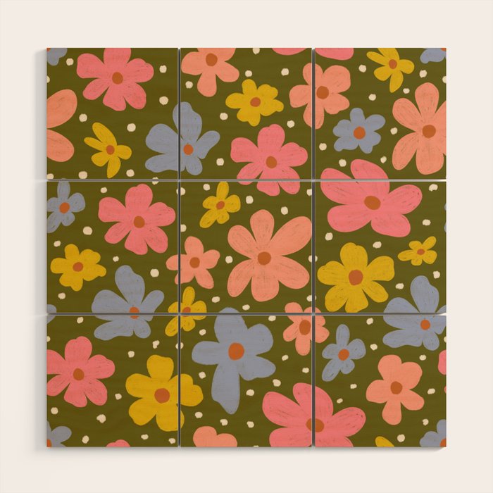 Retro Daisies - dark background  Wood Wall Art Gallery Image 1