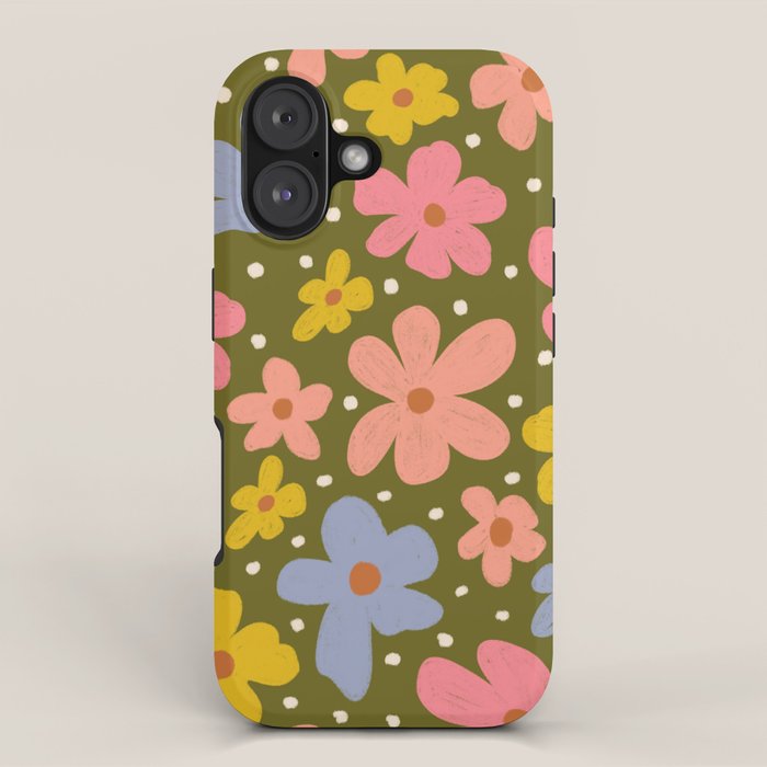 Retro Daisies - dark background  iPhone Case Gallery Image 1