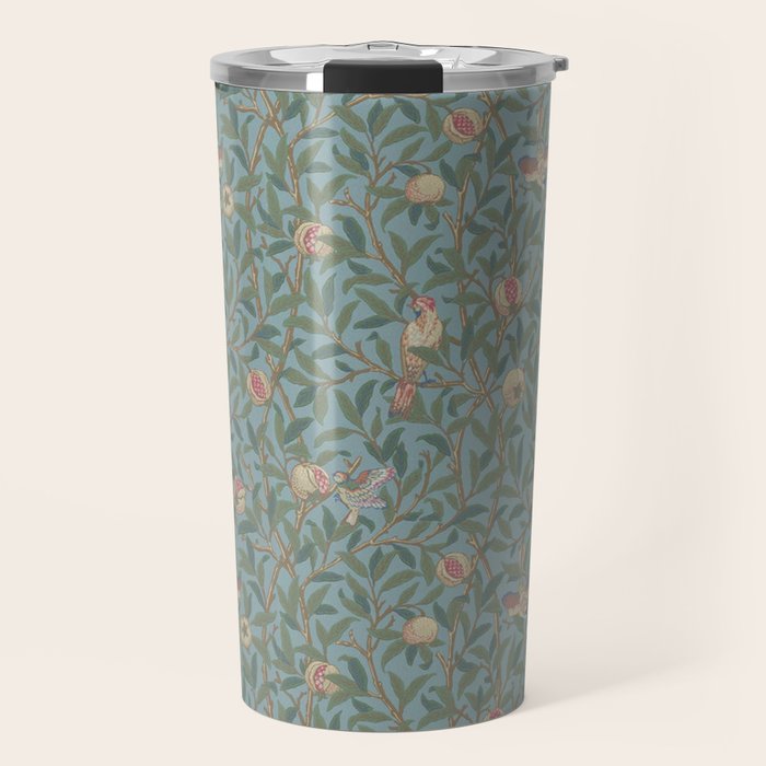 William Morris Bird and Pomegranate Turquoise Coral Travel Mug Gallery Image 1