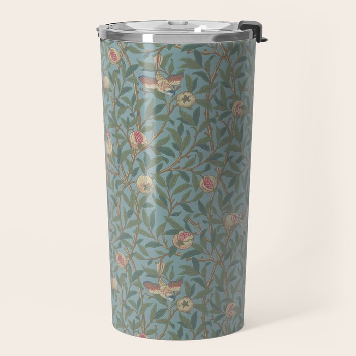 William Morris Bird and Pomegranate Turquoise Coral Travel Mug Gallery Image 2