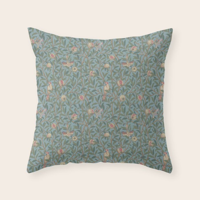 William Morris Bird and Pomegranate Turquoise Coral Throw Pillow Gallery Image 1