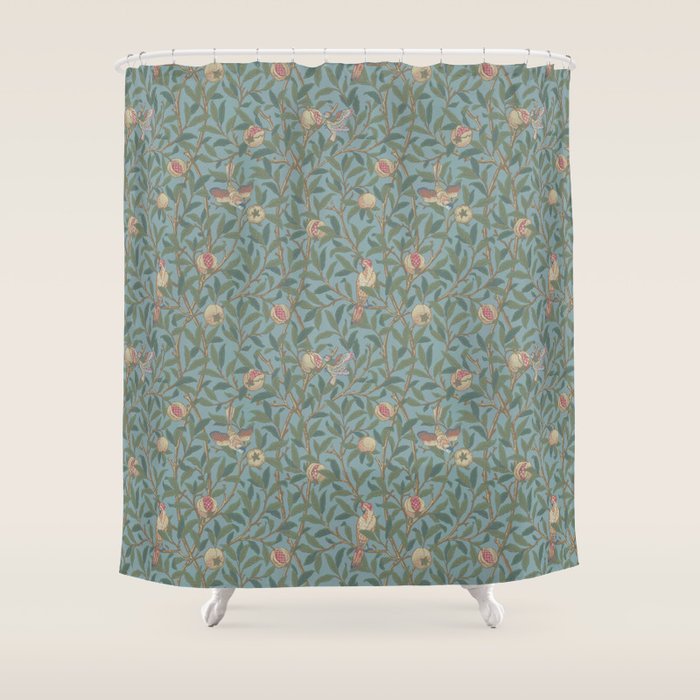 William Morris Bird and Pomegranate Turquoise Coral Shower Curtain Gallery Image 1