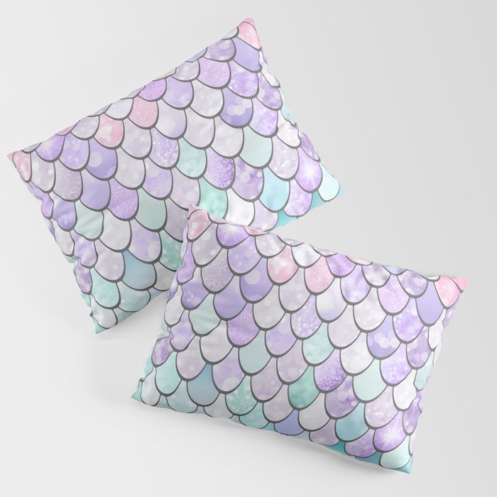 Cute Mermaid Pattern, Pink, Purple, Teal, Pastel Aesthetics Pillow Sham Gallery Image 1