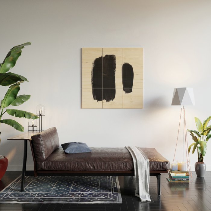 Mid Century Modern Minimalist Abstract Art Brush Strokes Black & White Ink Art Brush Strokes Wood Wall Art Gallery Image 2