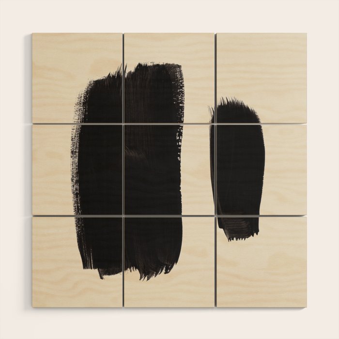 Mid Century Modern Minimalist Abstract Art Brush Strokes Black & White Ink Art Brush Strokes Wood Wall Art Gallery Image 1