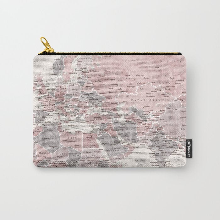 Dusty pink and cream watercolor detailed world map Madelia Carry All Pouch Gallery Image 1