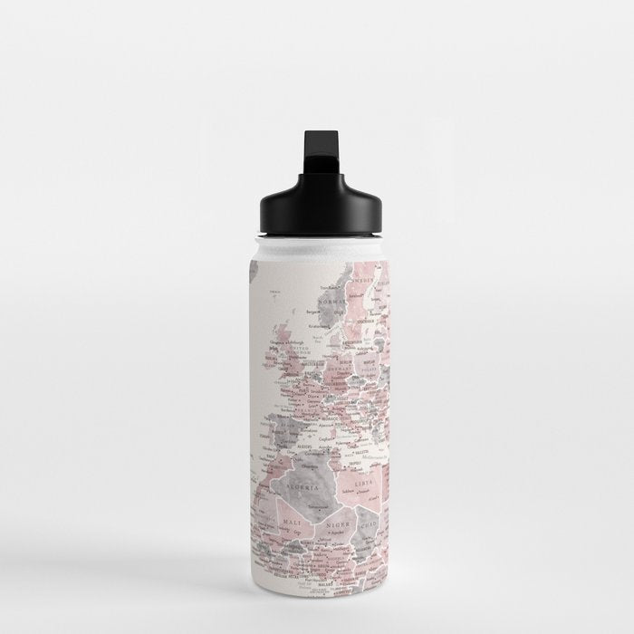 Dusty pink and cream watercolor detailed world map Madelia Water Bottle Gallery Image 3