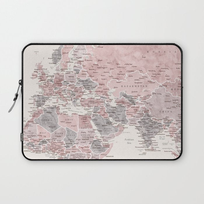 Dusty pink and cream watercolor detailed world map Madelia Laptop Sleeve Gallery Image 1