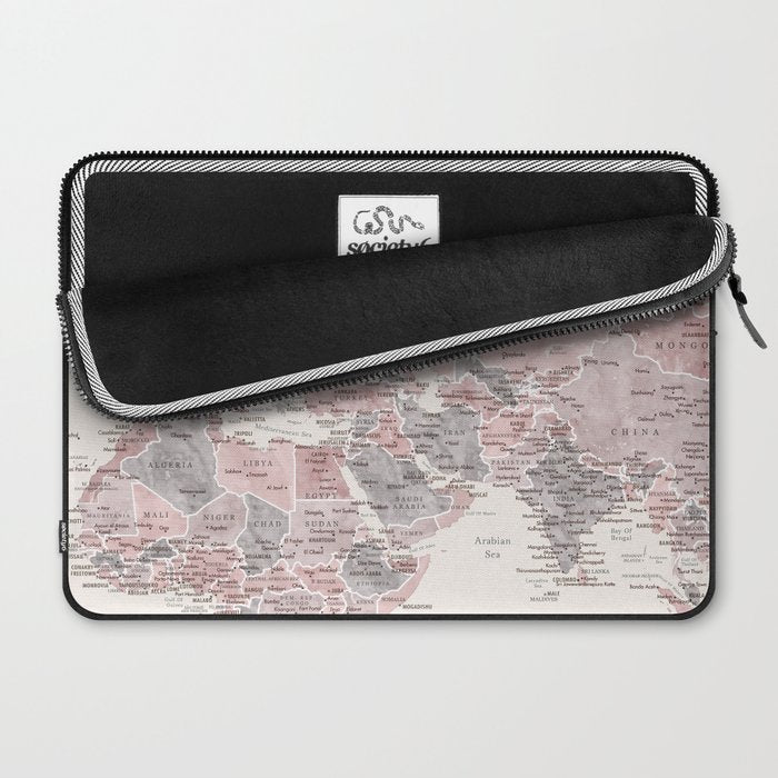 Dusty pink and cream watercolor detailed world map Madelia Laptop Sleeve Gallery Image 2