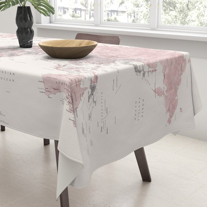 Dusty pink and cream watercolor detailed world map Madelia Tablecloth Gallery Image 3
