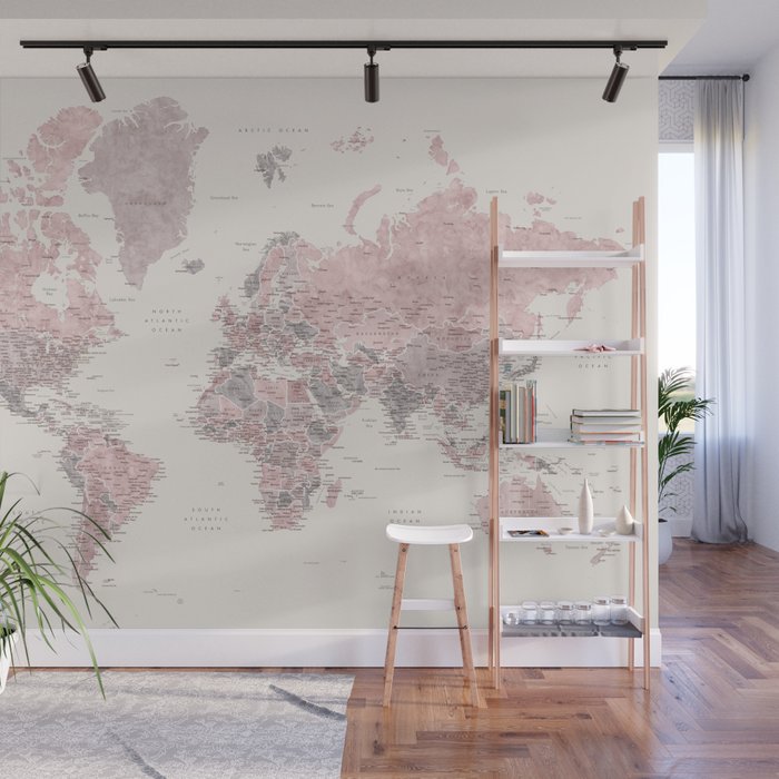 Dusty pink and cream watercolor detailed world map Madelia Wall Mural Gallery Image 1