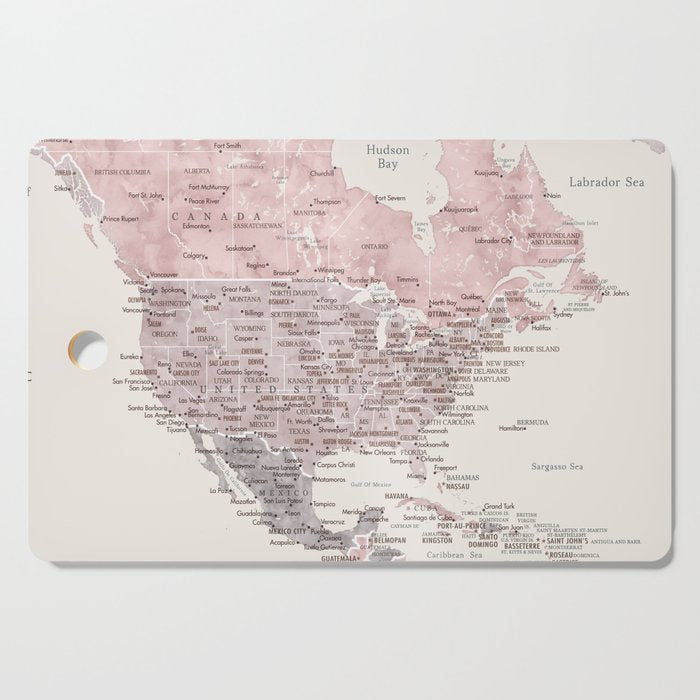 Dusty pink and cream watercolor detailed world map Madelia Cutting Board Gallery Image 1