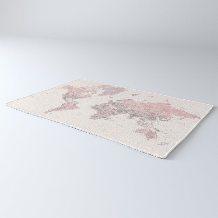 Dusty pink and cream watercolor detailed world map Madelia Rug Gallery Image 3