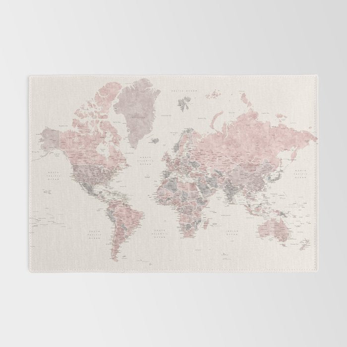 Dusty pink and cream watercolor detailed world map Madelia Rug Gallery Image 2