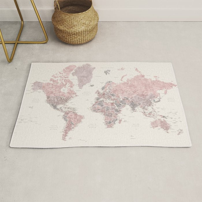 Dusty pink and cream watercolor detailed world map Madelia Rug Gallery Image 1