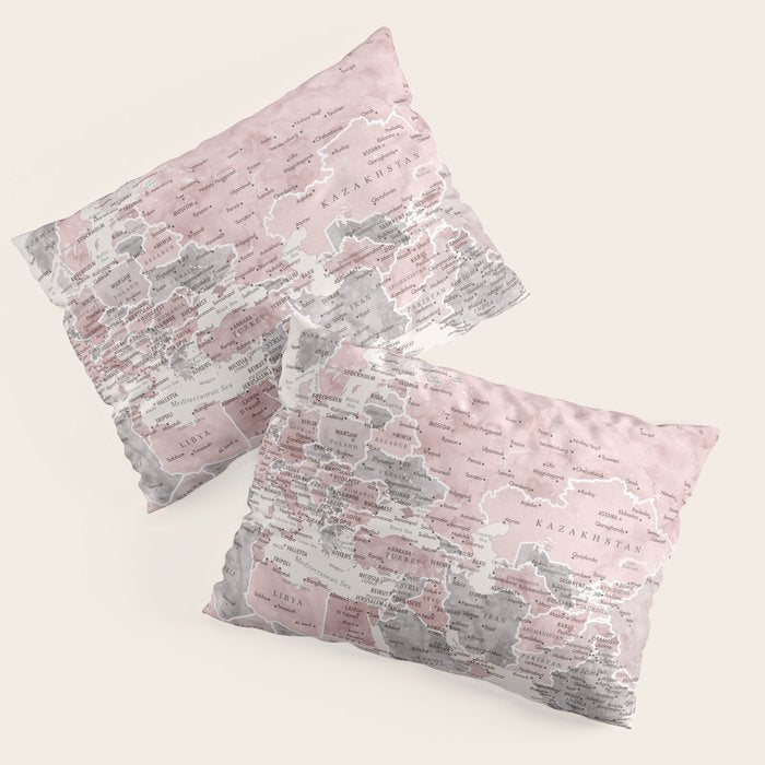 Dusty pink and cream watercolor detailed world map Madelia Pillow Sham Gallery Image 1