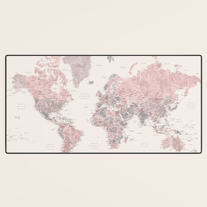 Dusty pink and cream watercolor detailed world map Madelia Desk Mat Gallery Image 3
