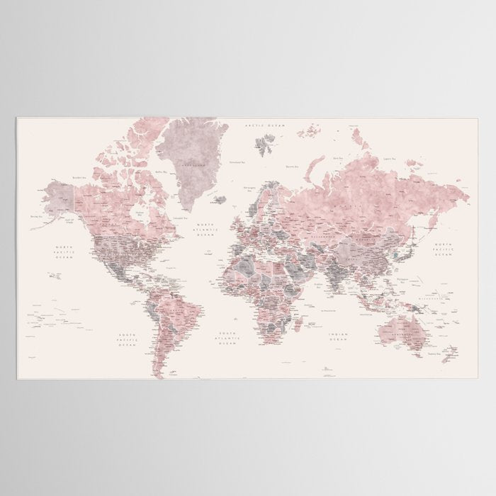 Dusty pink and cream watercolor detailed world map Madelia Tablecloth Gallery Image 2