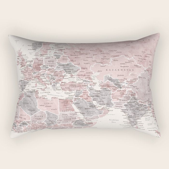 Dusty pink and cream watercolor detailed world map Madelia Rectangular Pillow Gallery Image 1