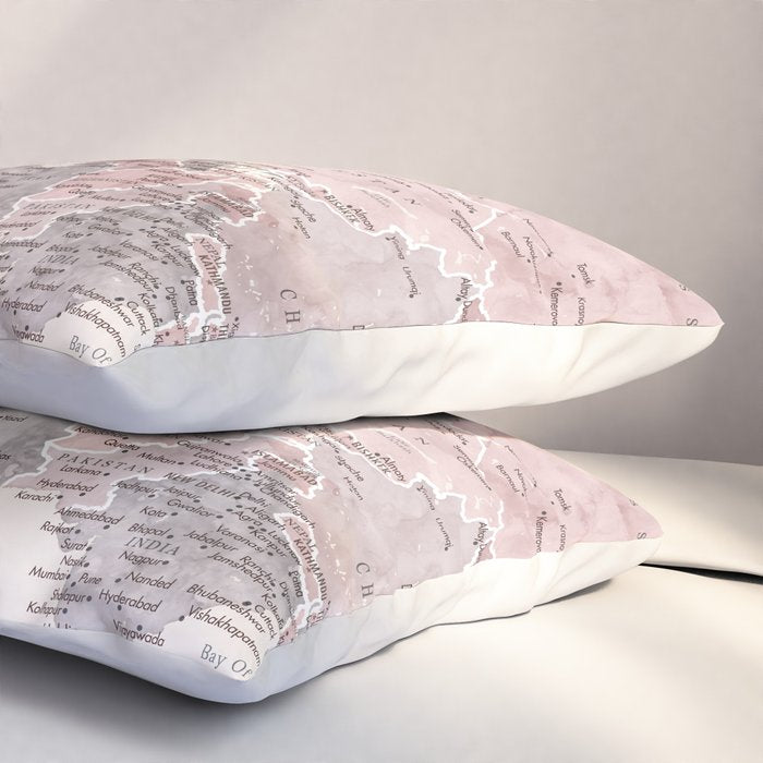 Dusty pink and cream watercolor detailed world map Madelia Pillow Sham Gallery Image 3