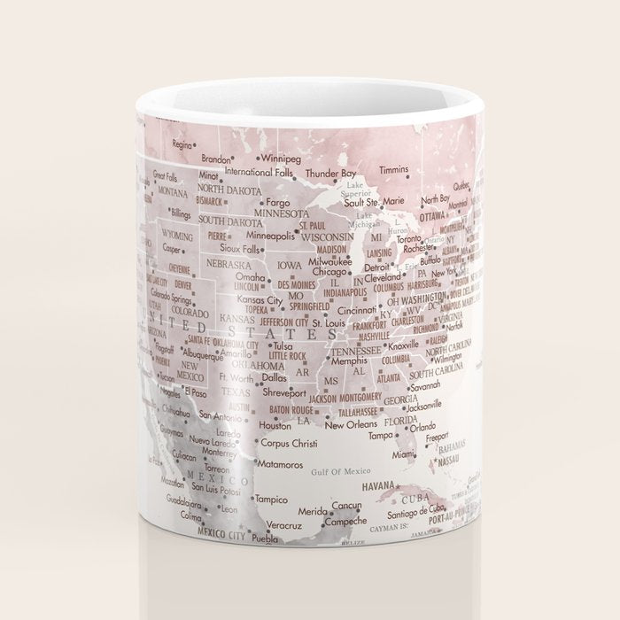 Dusty pink and cream watercolor detailed world map Madelia Coffee Mug Gallery Image 4
