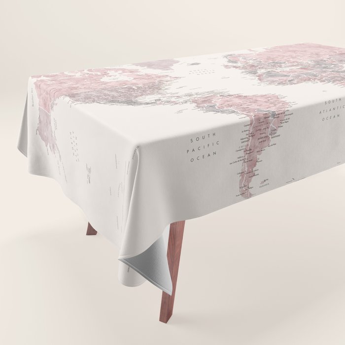 Dusty pink and cream watercolor detailed world map Madelia Tablecloth Gallery Image 1