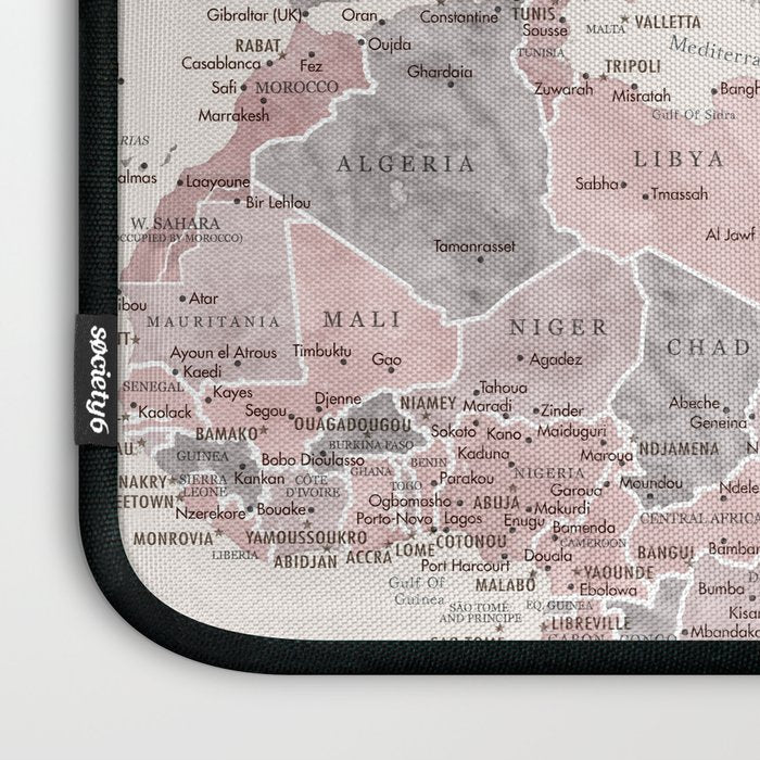 Dusty pink and cream watercolor detailed world map Madelia Laptop Sleeve Gallery Image 3
