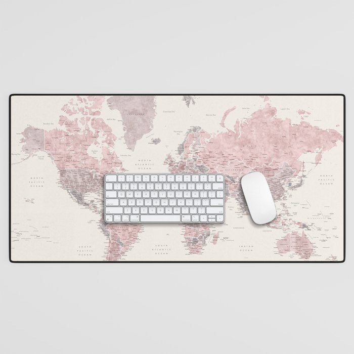 Dusty pink and cream watercolor detailed world map Madelia Desk Mat Gallery Image 1