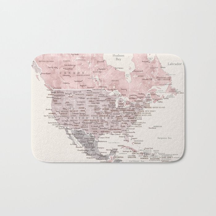 Dusty pink and cream watercolor detailed world map Madelia Bath Mat Gallery Image 1