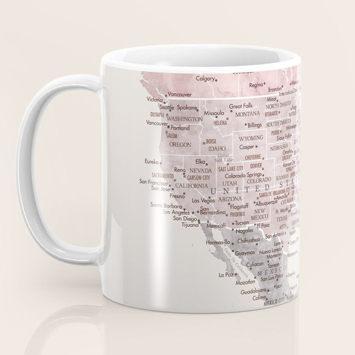 Dusty pink and cream watercolor detailed world map Madelia Coffee Mug Gallery Image 3