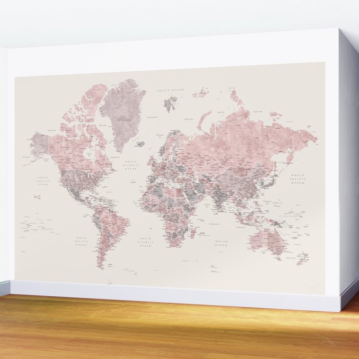 Dusty pink and cream watercolor detailed world map Madelia Wall Mural Gallery Image 2