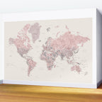 Dusty pink and cream watercolor detailed world map Madelia Wall Mural Gallery Image 2