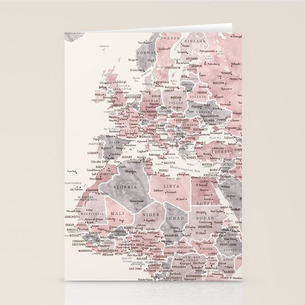 Dusty pink and cream watercolor detailed world map Madelia Stationery Card Gallery Image 1