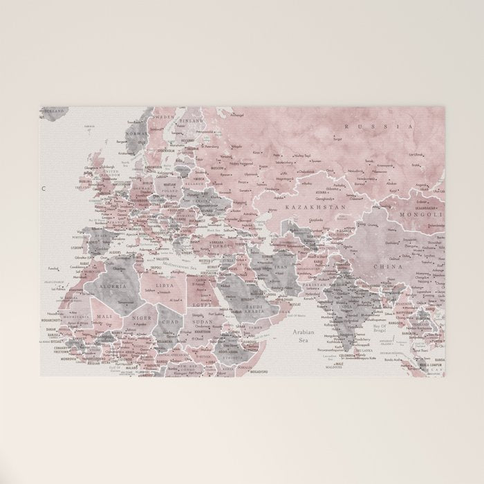 Dusty pink and cream watercolor detailed world map Madelia Welcome Mat Gallery Image 1