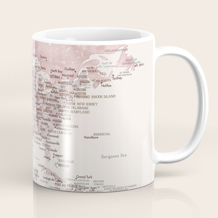 Dusty pink and cream watercolor detailed world map Madelia Coffee Mug Gallery Image 1