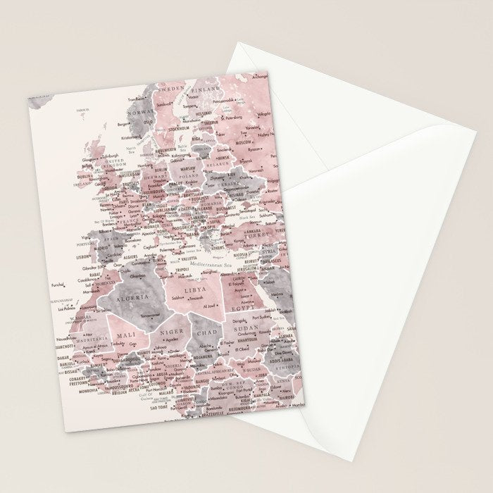 Dusty pink and cream watercolor detailed world map Madelia Stationery Card Gallery Image 2