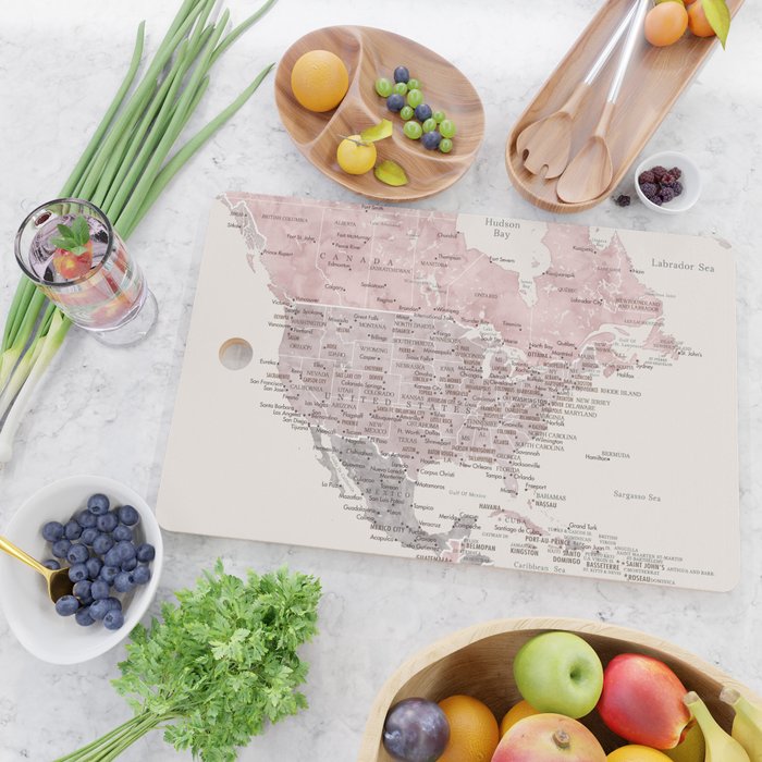 Dusty pink and cream watercolor detailed world map Madelia Cutting Board Gallery Image 2