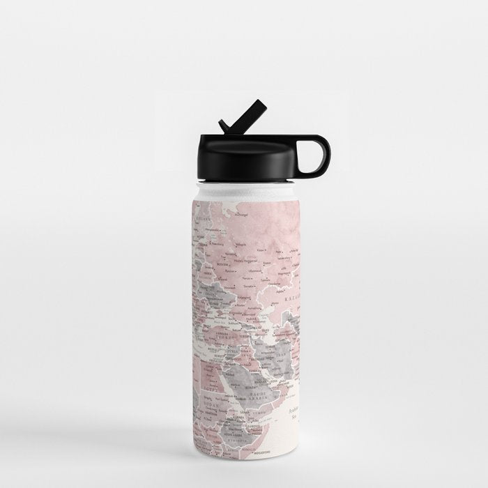 Dusty pink and cream watercolor detailed world map Madelia Water Bottle Gallery Image 1