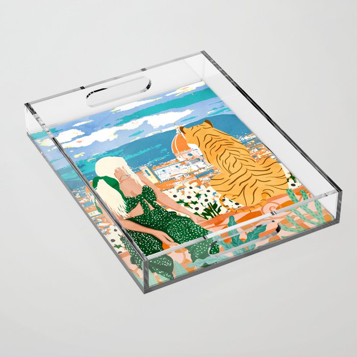 The Italian View, Woman Tiger Travel, Europe Architecture Illustration, Animals Bohemian Acrylic Tray Gallery Image 1