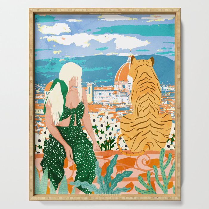 The Italian View, Woman Tiger Travel, Europe Architecture Illustration, Animals Bohemian Serving Tray Gallery Image 1