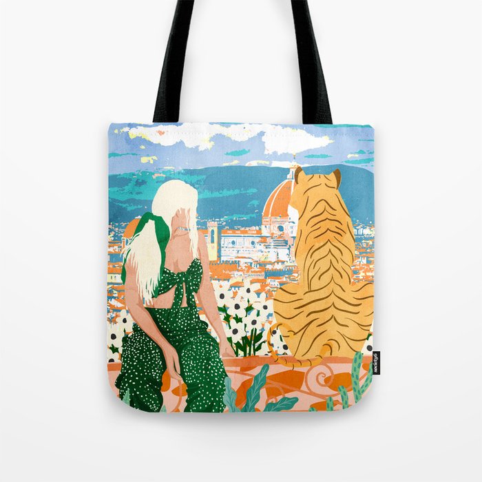 The Italian View, Woman Tiger Travel, Europe Architecture Illustration, Animals Bohemian Tote Bag Gallery Image 1